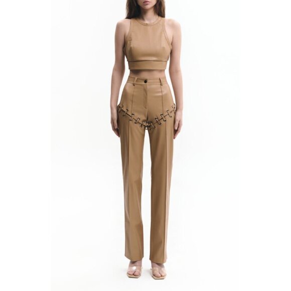 LIKA Eco Leather Set - Crop Top & Convertible Shorts / Pants in Beige Sz Small - Picture 1 of 15